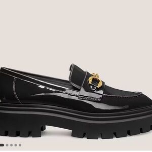 Stuart Weitzman Black Patent Leather Lug Sole Loafers with Gold Buckle